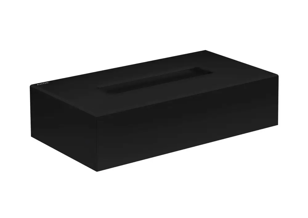 Schwarze Kosmetiktuchbox von AXOR. Rechteckige Form mit einer Öffnung an der Oberseite zum Herausnehmen von Tüchern. Minimalistisches Design ohne weitere Verzierungen.